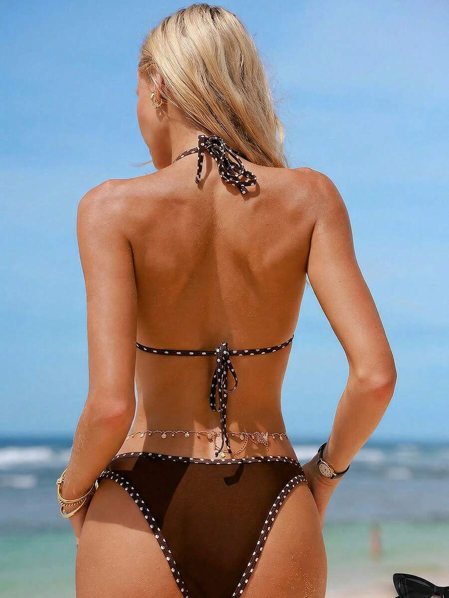 Swim Vcay Women's Swimwear Set, Fashionable Polka Dot Print Trim, Backless, Spaghetti Straps, Tie Waist, Triangle Swim Bottoms, Beach, Casual