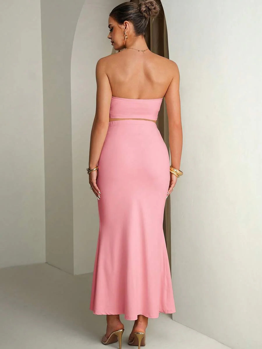 Maternity Solid Color Ruffle Trim Cropped Camisole Top And Adjustable Waist Mermaid Hem Skirt Elegant 2-Piece Set Summer Outfits Pregnancy Dress For Photoshoot  Wedding Guest Dress