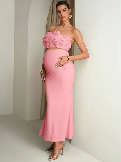 Maternity Solid Color Ruffle Trim Cropped Camisole Top And Adjustable Waist Mermaid Hem Skirt Elegant 2-Piece Set Summer Outfits Pregnancy Dress For Photoshoot  Wedding Guest Dress