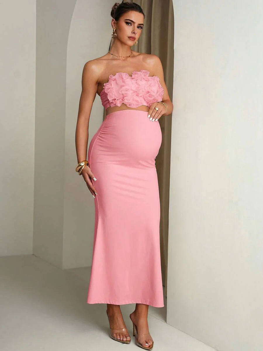 Maternity Solid Color Ruffle Trim Cropped Camisole Top And Adjustable Waist Mermaid Hem Skirt Elegant 2-Piece Set Summer Outfits Pregnancy Dress For Photoshoot  Wedding Guest Dress