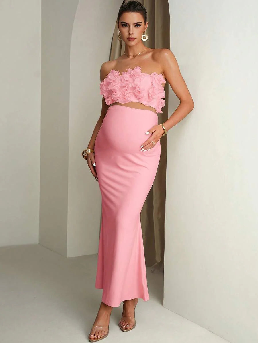 Maternity Solid Color Ruffle Trim Cropped Camisole Top And Adjustable Waist Mermaid Hem Skirt Elegant 2-Piece Set Summer Outfits Pregnancy Dress For Photoshoot  Wedding Guest Dress
