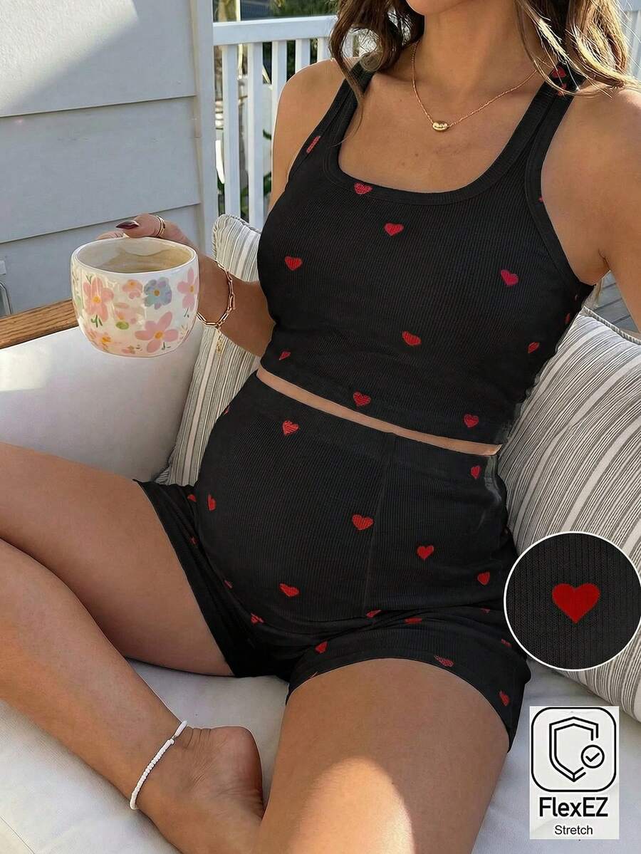 2 Piece Maternity Heart Print Cropped Tank Top and Shorts Set Casual White Slim Fit Summer Workout and Beach Outfit