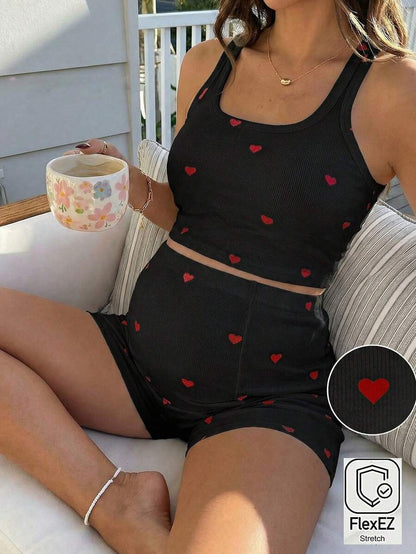 2 Piece Maternity Heart Print Cropped Tank Top and Shorts Set Casual White Slim Fit Summer Workout and Beach Outfit