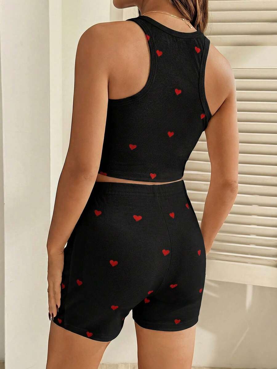 2 Piece Maternity Heart Print Cropped Tank Top and Shorts Set Casual White Slim Fit Summer Workout and Beach Outfit