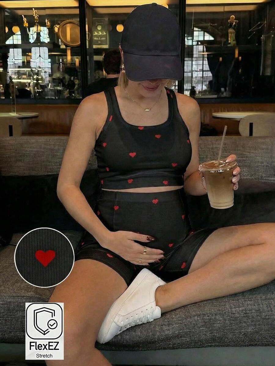 2 Piece Maternity Heart Print Cropped Tank Top and Shorts Set Casual White Slim Fit Summer Workout and Beach Outfit