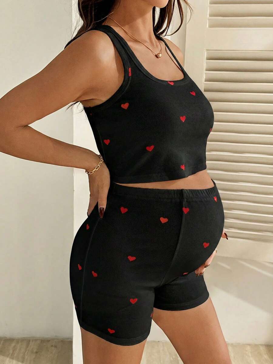 2 Piece Maternity Heart Print Cropped Tank Top and Shorts Set Casual White Slim Fit Summer Workout and Beach Outfit