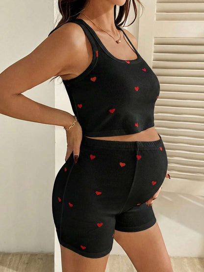 2 Piece Maternity Heart Print Cropped Tank Top and Shorts Set Casual White Slim Fit Summer Workout and Beach Outfit