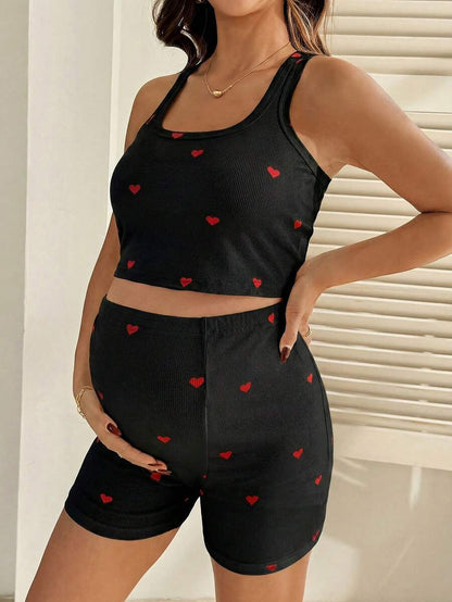 2 Piece Maternity Heart Print Cropped Tank Top and Shorts Set Casual White Slim Fit Summer Workout and Beach Outfit