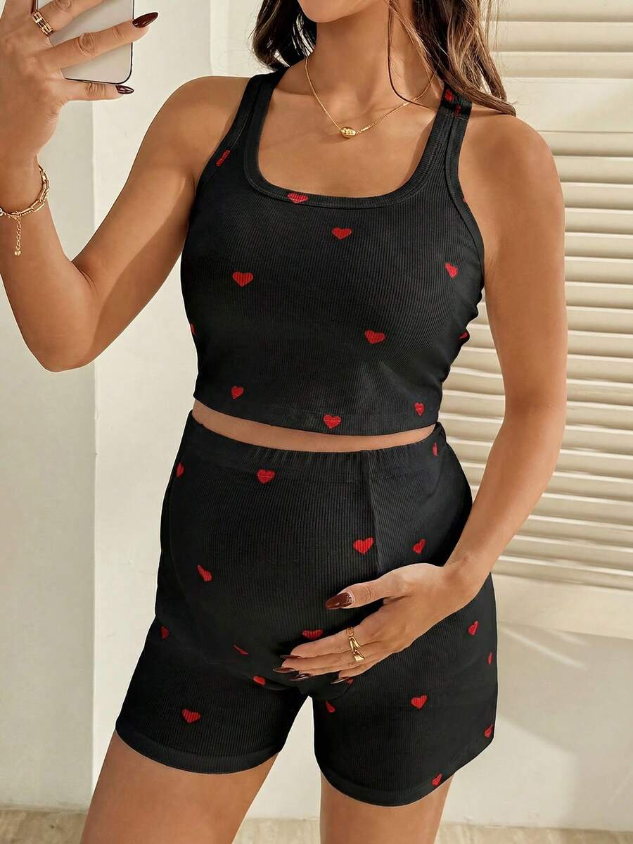 2 Piece Maternity Heart Print Cropped Tank Top and Shorts Set Casual White Slim Fit Summer Workout and Beach Outfit