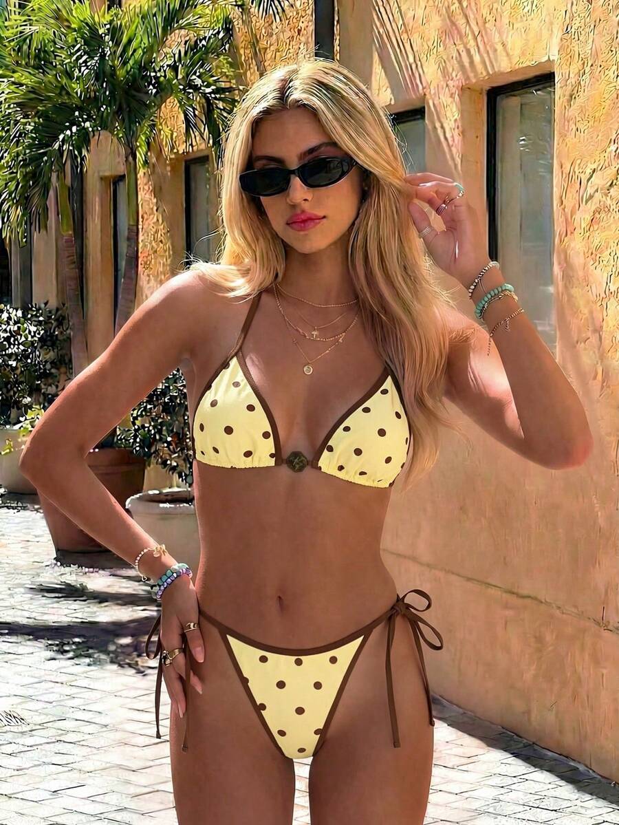 Swim Vcay Women's Summer Beach Contrast Color Halter Tie Sexy Bikini And Triangle Panty Swimwear Set Blue Bikini Yacht Party Outfit Vacation Bikini Boat Party Outfit Women Tie Side Bikini Triangle Bikini Set Light Blue Bikini