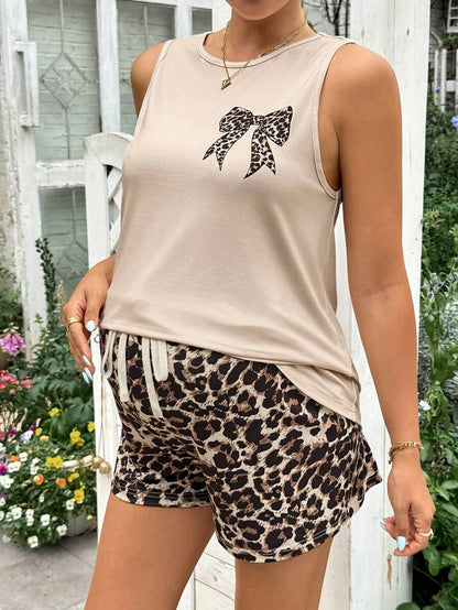 Khaki Two-Piece Maternity Set - Round Neck Sleeveless Cami Top with Bow and Leopard Print Shorts - Slim Fit Summer Vacation Outfit