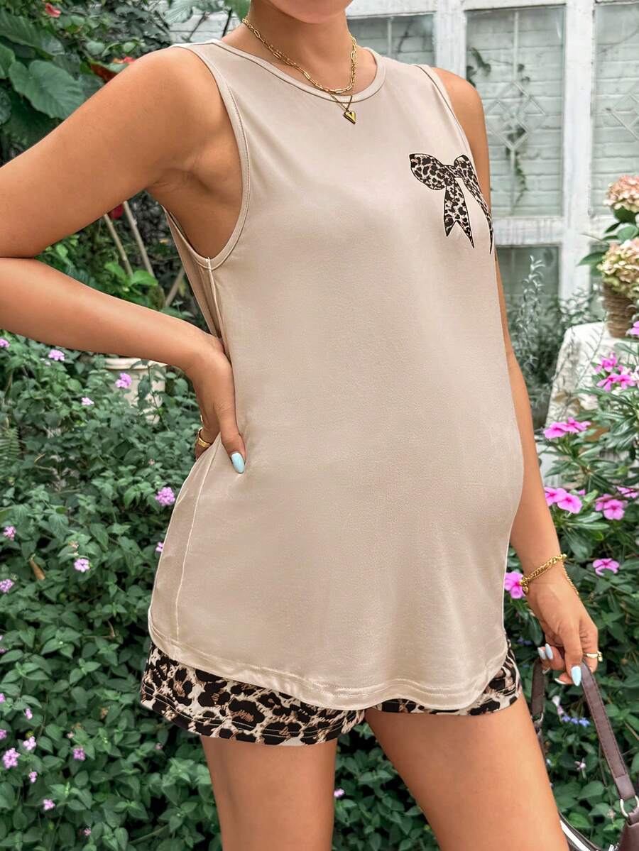 Khaki Two-Piece Maternity Set - Round Neck Sleeveless Cami Top with Bow and Leopard Print Shorts - Slim Fit Summer Vacation Outfit