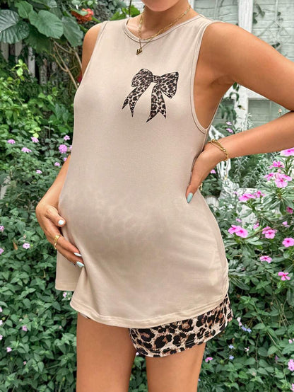Khaki Two-Piece Maternity Set - Round Neck Sleeveless Cami Top with Bow and Leopard Print Shorts - Slim Fit Summer Vacation Outfit