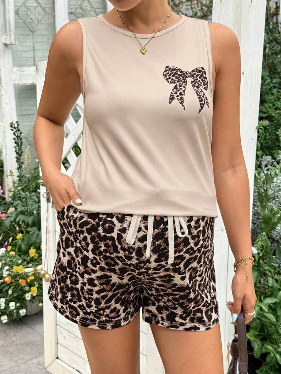 Khaki Two-Piece Maternity Set - Round Neck Sleeveless Cami Top with Bow and Leopard Print Shorts - Slim Fit Summer Vacation Outfit