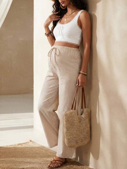 Apricot Ultra High Waist Maternity Straight Leg Pants with Drawstring Comfort Loose Fit Woven Long Pregnancy Trousers for Streetwear