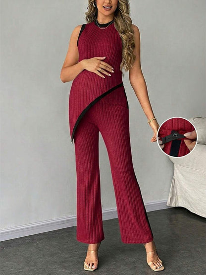 2-Piece Maternity Slim Fit Sleeveless Top and Straight Leg Pants Set - Asymmetrical Round Neck High Stretch Knit Casual Lounge Set