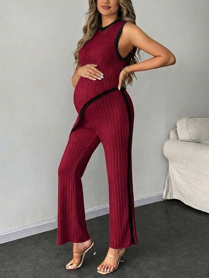 2-Piece Maternity Slim Fit Sleeveless Top and Straight Leg Pants Set - Asymmetrical Round Neck High Stretch Knit Casual Lounge Set