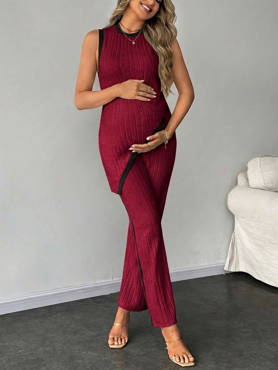 2-Piece Maternity Slim Fit Sleeveless Top and Straight Leg Pants Set - Asymmetrical Round Neck High Stretch Knit Casual Lounge Set