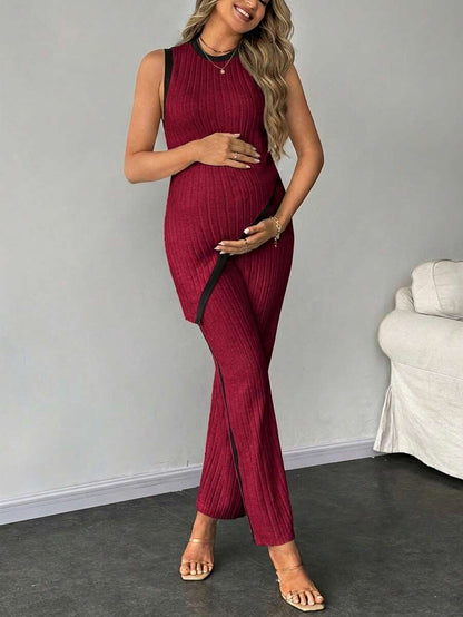 2-Piece Maternity Slim Fit Sleeveless Top and Straight Leg Pants Set - Asymmetrical Round Neck High Stretch Knit Casual Lounge Set