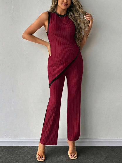 2-Piece Maternity Slim Fit Sleeveless Top and Straight Leg Pants Set - Asymmetrical Round Neck High Stretch Knit Casual Lounge Set