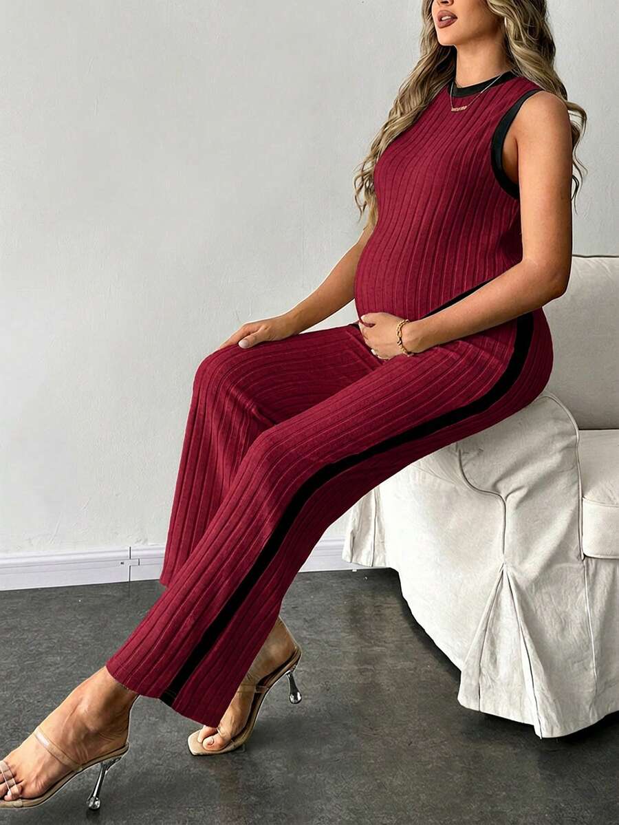 2-Piece Maternity Slim Fit Sleeveless Top and Straight Leg Pants Set - Asymmetrical Round Neck High Stretch Knit Casual Lounge Set