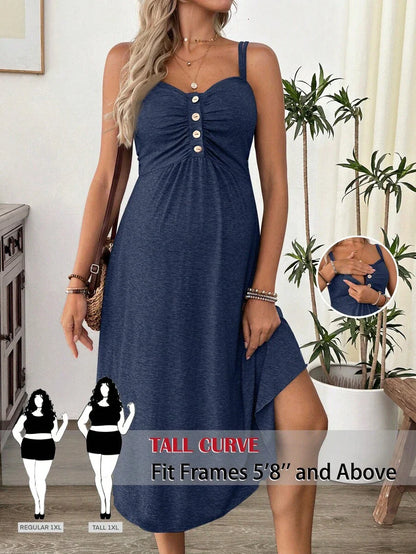 Grey Knitted Maternity Nursing Dress Asymmetrical Button Front Spaghetti Strap Sleeveless Long Casual Loungewear Maxi Dress