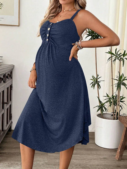 Maternity Summer Casual Burgundy Nursing Slip Dress with Ruched Bust and Button Decor - High Stretch Knit Maternity Long Dress