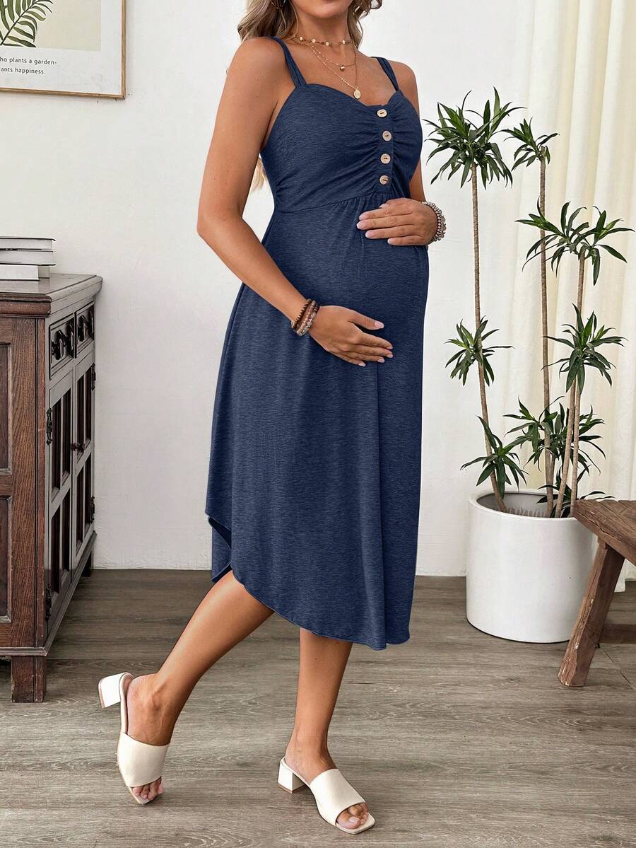 Grey Knitted Maternity Nursing Dress Asymmetrical Button Front Spaghetti Strap Sleeveless Long Casual Loungewear Maxi Dress