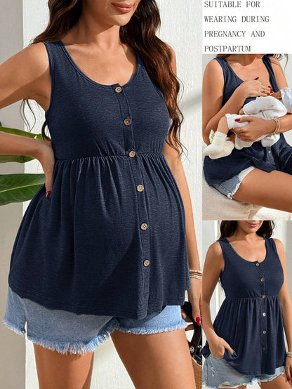 Black Nursing Maternity Tank Top with Scoop Neck and Lace Up Detail Slim Fit High Stretch Postpartum Sleeveless Vest for Home Casual Wear
