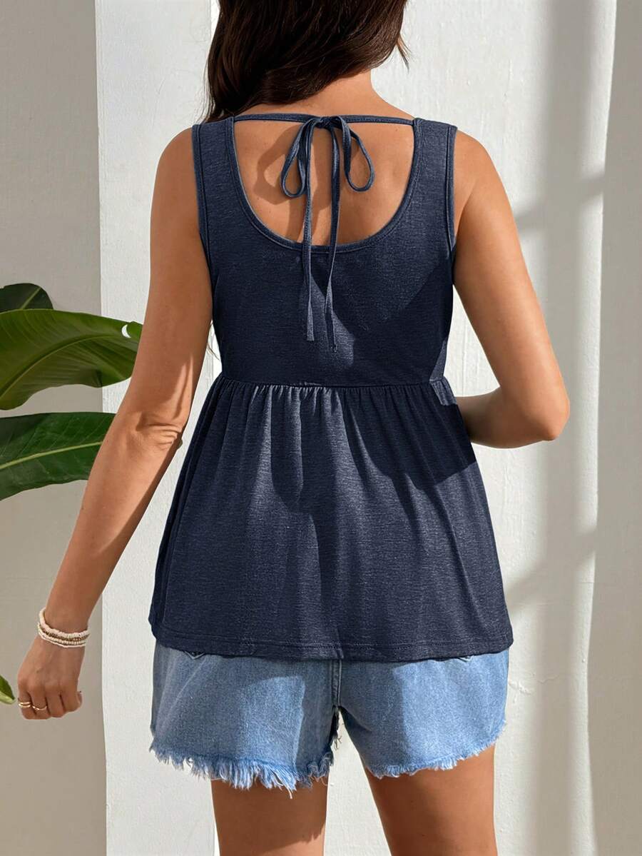 Black Nursing Maternity Tank Top with Scoop Neck and Lace Up Detail Slim Fit High Stretch Postpartum Sleeveless Vest for Home Casual Wear