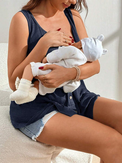 Black Nursing Maternity Tank Top with Scoop Neck and Lace Up Detail Slim Fit High Stretch Postpartum Sleeveless Vest for Home Casual Wear