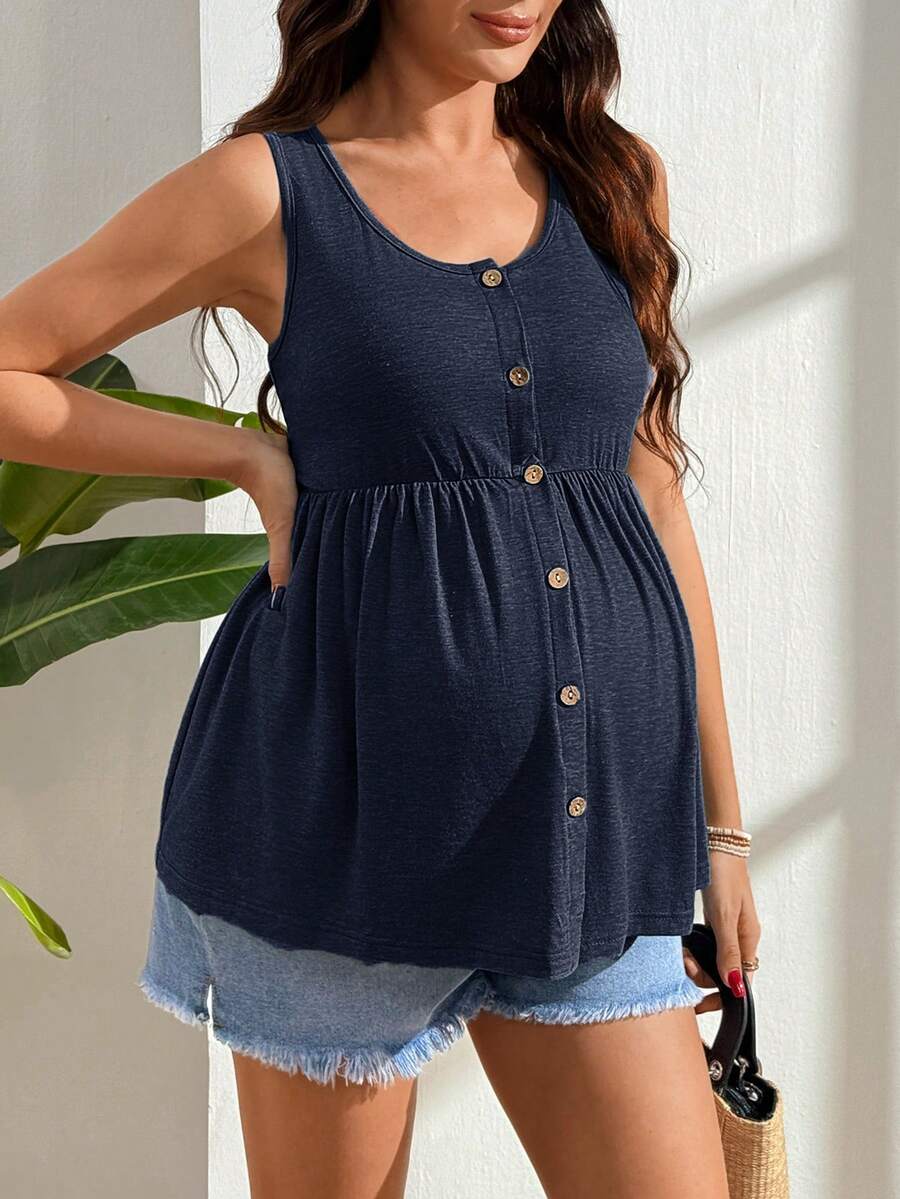 Black Nursing Maternity Tank Top with Scoop Neck and Lace Up Detail Slim Fit High Stretch Postpartum Sleeveless Vest for Home Casual Wear