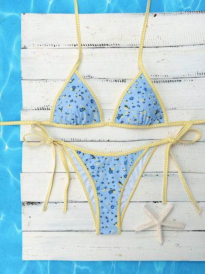 Swim Vcay Women's Summer Beach Contrast Color Halter Tie Sexy Bikini And Triangle Panty Swimwear Set Blue Bikini Yacht Party Outfit Vacation Bikini Boat Party Outfit Women Tie Side Bikini Triangle Bikini Set Light Blue Bikini