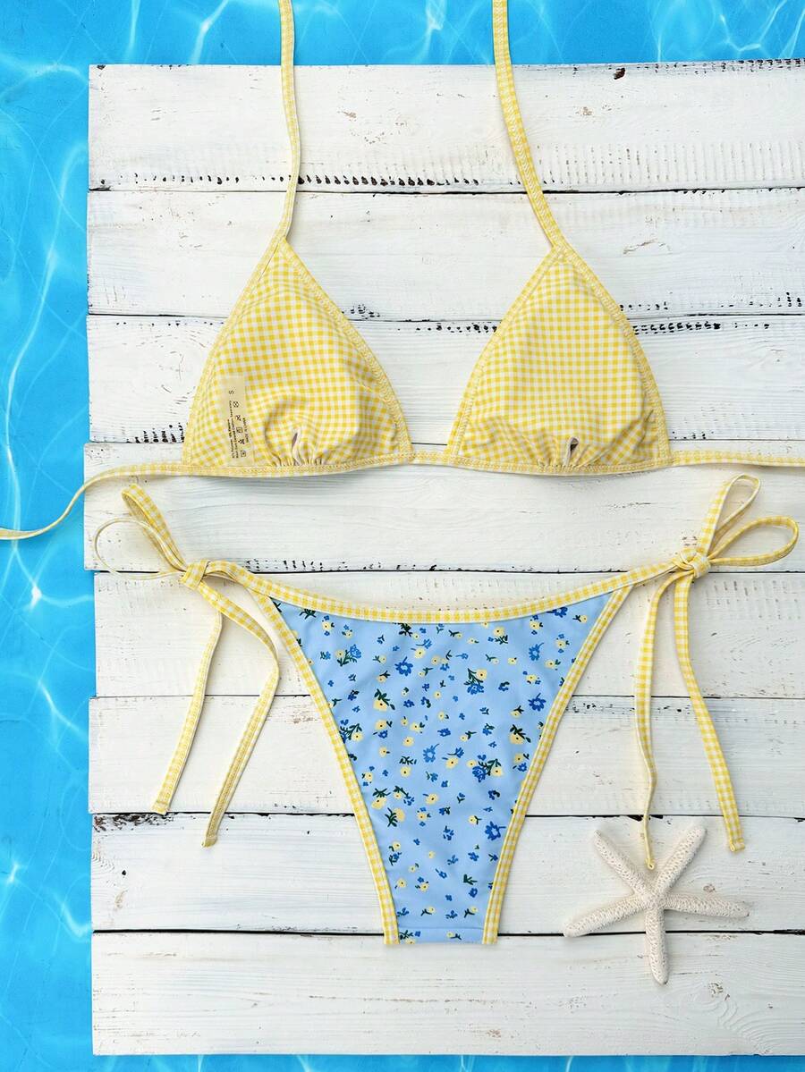 Swim Vcay Women's Summer Beach Contrast Color Halter Tie Sexy Bikini And Triangle Panty Swimwear Set Blue Bikini Yacht Party Outfit Vacation Bikini Boat Party Outfit Women Tie Side Bikini Triangle Bikini Set Light Blue Bikini