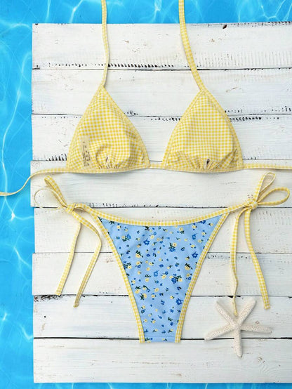 Swim Vcay Women's Summer Beach Contrast Color Halter Tie Sexy Bikini And Triangle Panty Swimwear Set Blue Bikini Yacht Party Outfit Vacation Bikini Boat Party Outfit Women Tie Side Bikini Triangle Bikini Set Light Blue Bikini