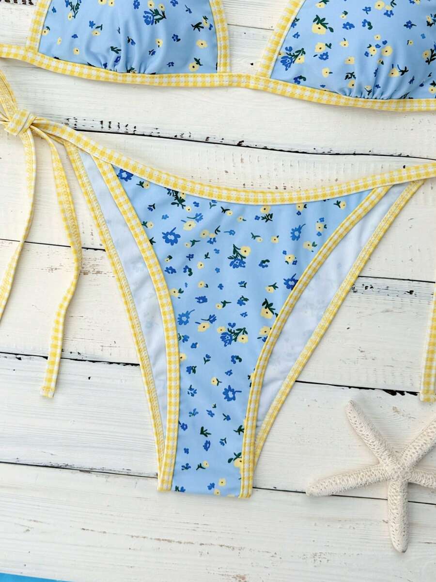 Swim Vcay Women's Summer Beach Contrast Color Halter Tie Sexy Bikini And Triangle Panty Swimwear Set Blue Bikini Yacht Party Outfit Vacation Bikini Boat Party Outfit Women Tie Side Bikini Triangle Bikini Set Light Blue Bikini