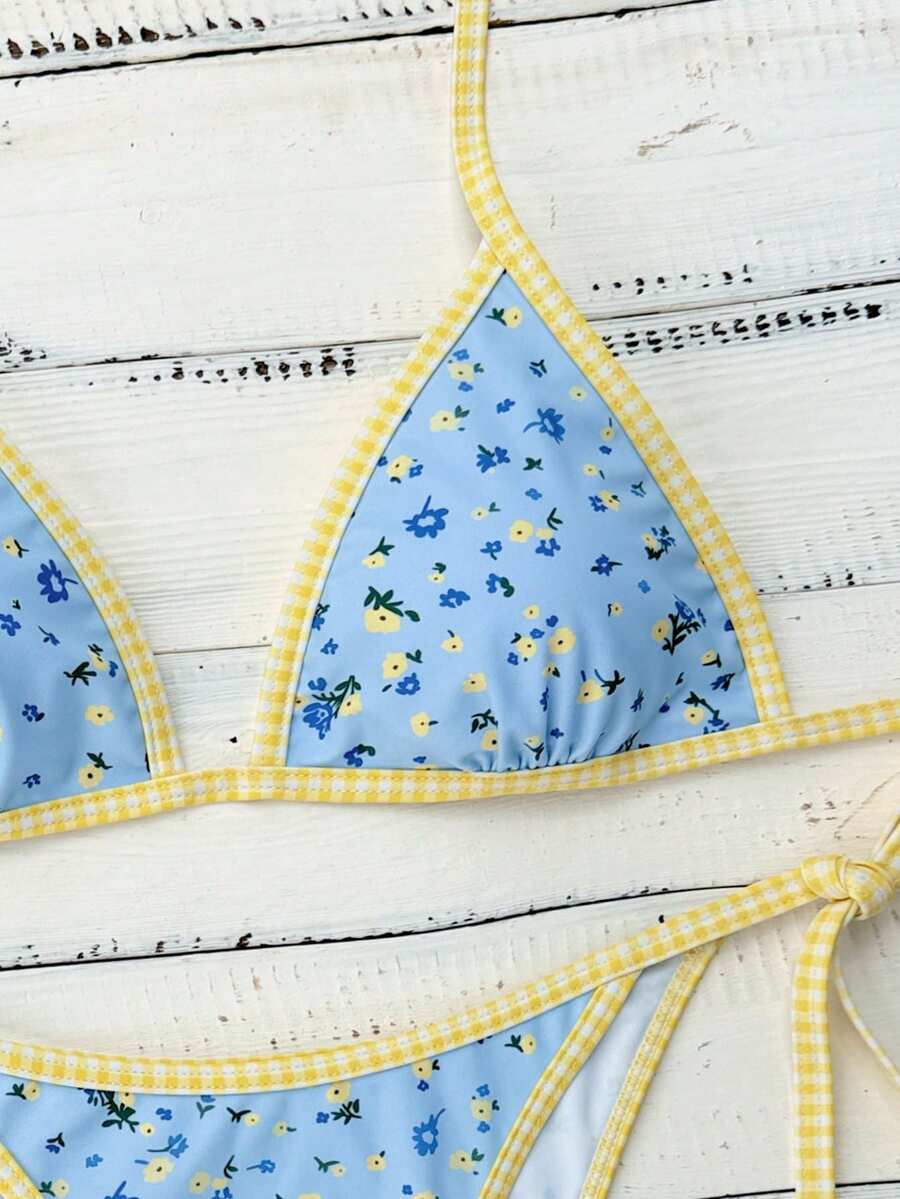 Swim Vcay Women's Summer Beach Contrast Color Halter Tie Sexy Bikini And Triangle Panty Swimwear Set Blue Bikini Yacht Party Outfit Vacation Bikini Boat Party Outfit Women Tie Side Bikini Triangle Bikini Set Light Blue Bikini