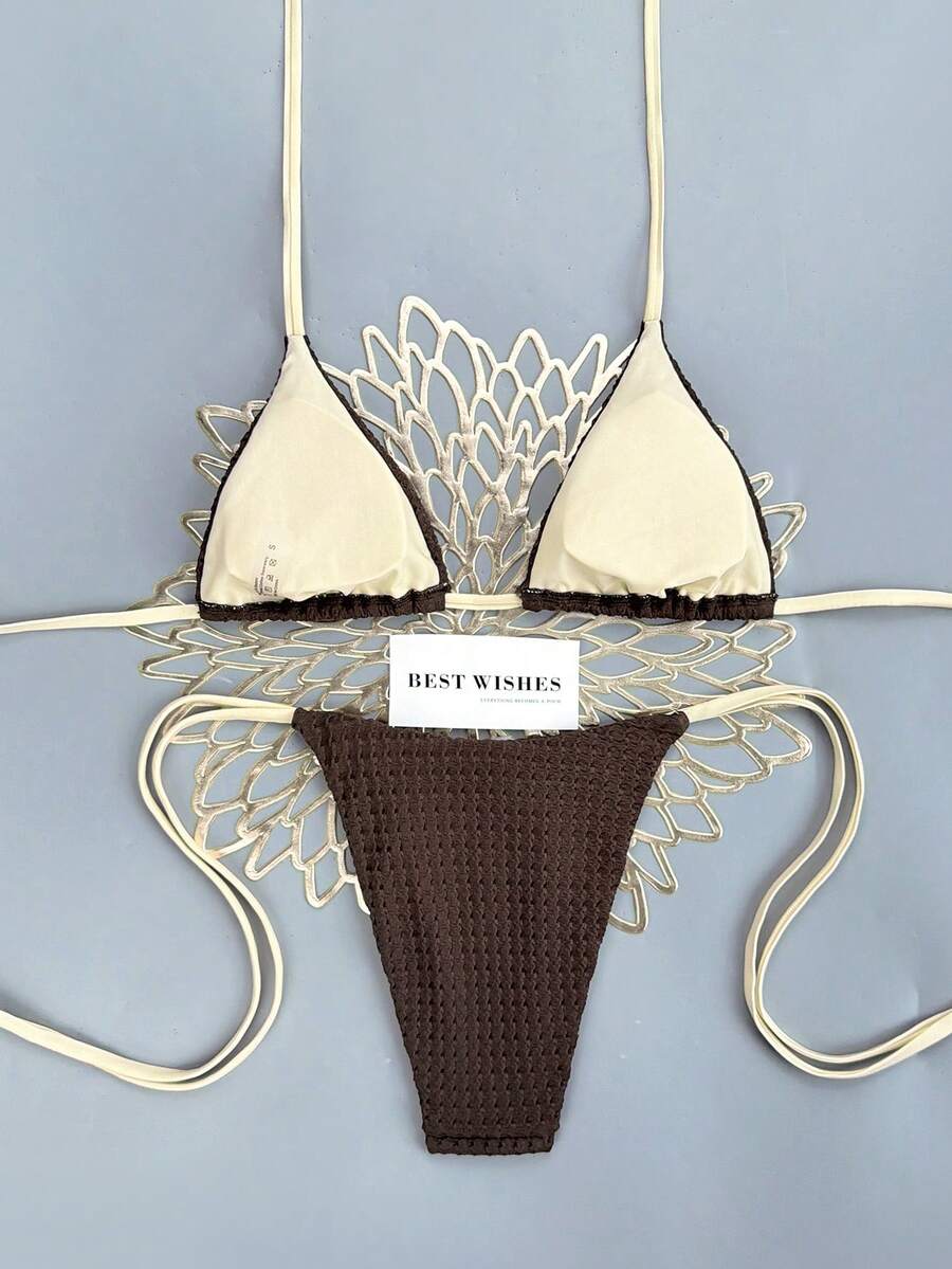 Swim Vcay Women's Summer Beach Contrast Color Halter Tie Sexy Bikini And Triangle Panty Swimwear Set Blue Bikini Yacht Party Outfit Vacation Bikini Boat Party Outfit Women Tie Side Bikini Triangle Bikini Set Light Blue Bikini