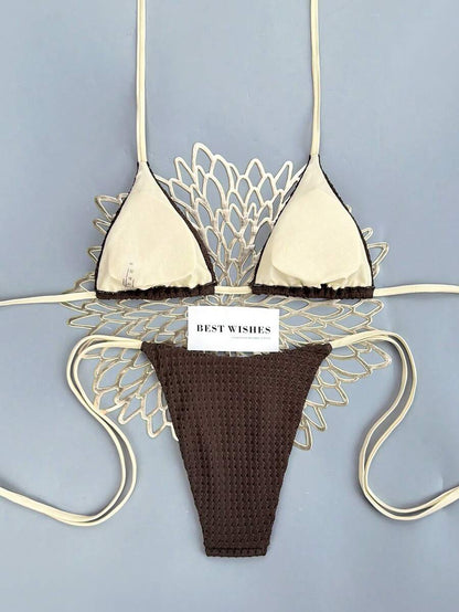 Swim Vcay Women's Summer Beach Contrast Color Halter Tie Sexy Bikini And Triangle Panty Swimwear Set Blue Bikini Yacht Party Outfit Vacation Bikini Boat Party Outfit Women Tie Side Bikini Triangle Bikini Set Light Blue Bikini