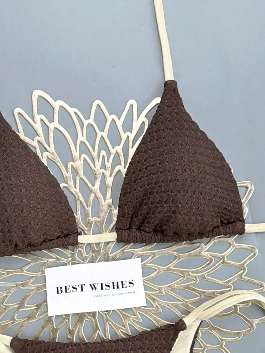Swim Vcay Women's Summer Beach Contrast Color Halter Tie Sexy Bikini And Triangle Panty Swimwear Set Blue Bikini Yacht Party Outfit Vacation Bikini Boat Party Outfit Women Tie Side Bikini Triangle Bikini Set Light Blue Bikini