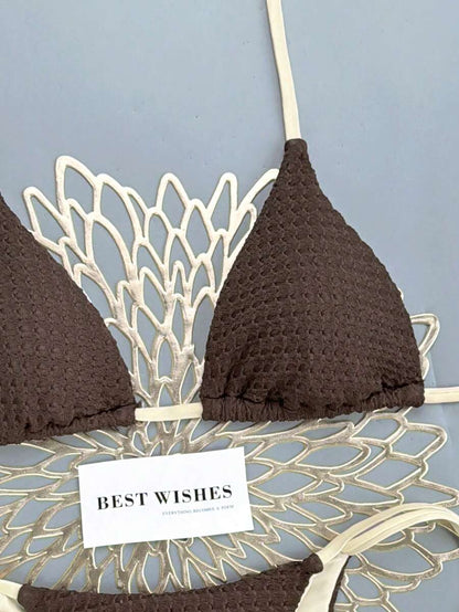 Swim Vcay Women's Summer Beach Contrast Color Halter Tie Sexy Bikini And Triangle Panty Swimwear Set Blue Bikini Yacht Party Outfit Vacation Bikini Boat Party Outfit Women Tie Side Bikini Triangle Bikini Set Light Blue Bikini