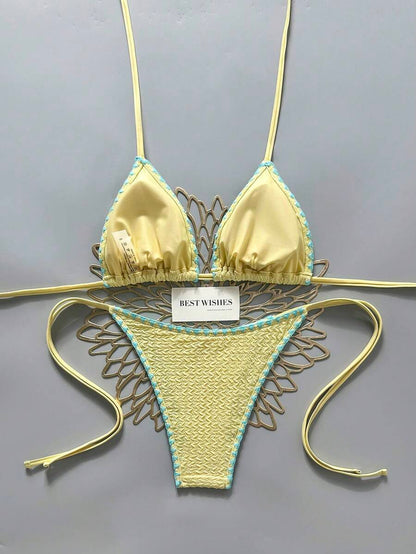 Swim Vcay Women's Summer Beach Contrast Color Halter Tie Sexy Bikini And Triangle Panty Swimwear Set Blue Bikini Yacht Party Outfit Vacation Bikini Boat Party Outfit Women Tie Side Bikini Triangle Bikini Set Light Blue Bikini