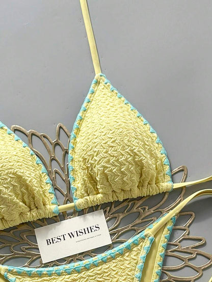 Swim Vcay Women's Summer Beach Contrast Color Halter Tie Sexy Bikini And Triangle Panty Swimwear Set Blue Bikini Yacht Party Outfit Vacation Bikini Boat Party Outfit Women Tie Side Bikini Triangle Bikini Set Light Blue Bikini
