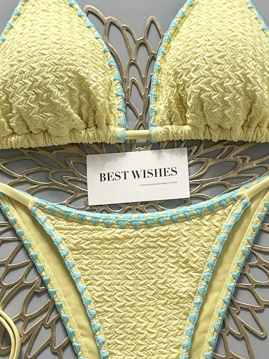 Swim Vcay Women's Summer Beach Contrast Color Halter Tie Sexy Bikini And Triangle Panty Swimwear Set Blue Bikini Yacht Party Outfit Vacation Bikini Boat Party Outfit Women Tie Side Bikini Triangle Bikini Set Light Blue Bikini