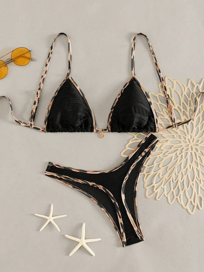 Women's 2-Piece Boho Halter Bikini Set - Gold Accessory, High-Cut, Floral Print, Multicolor