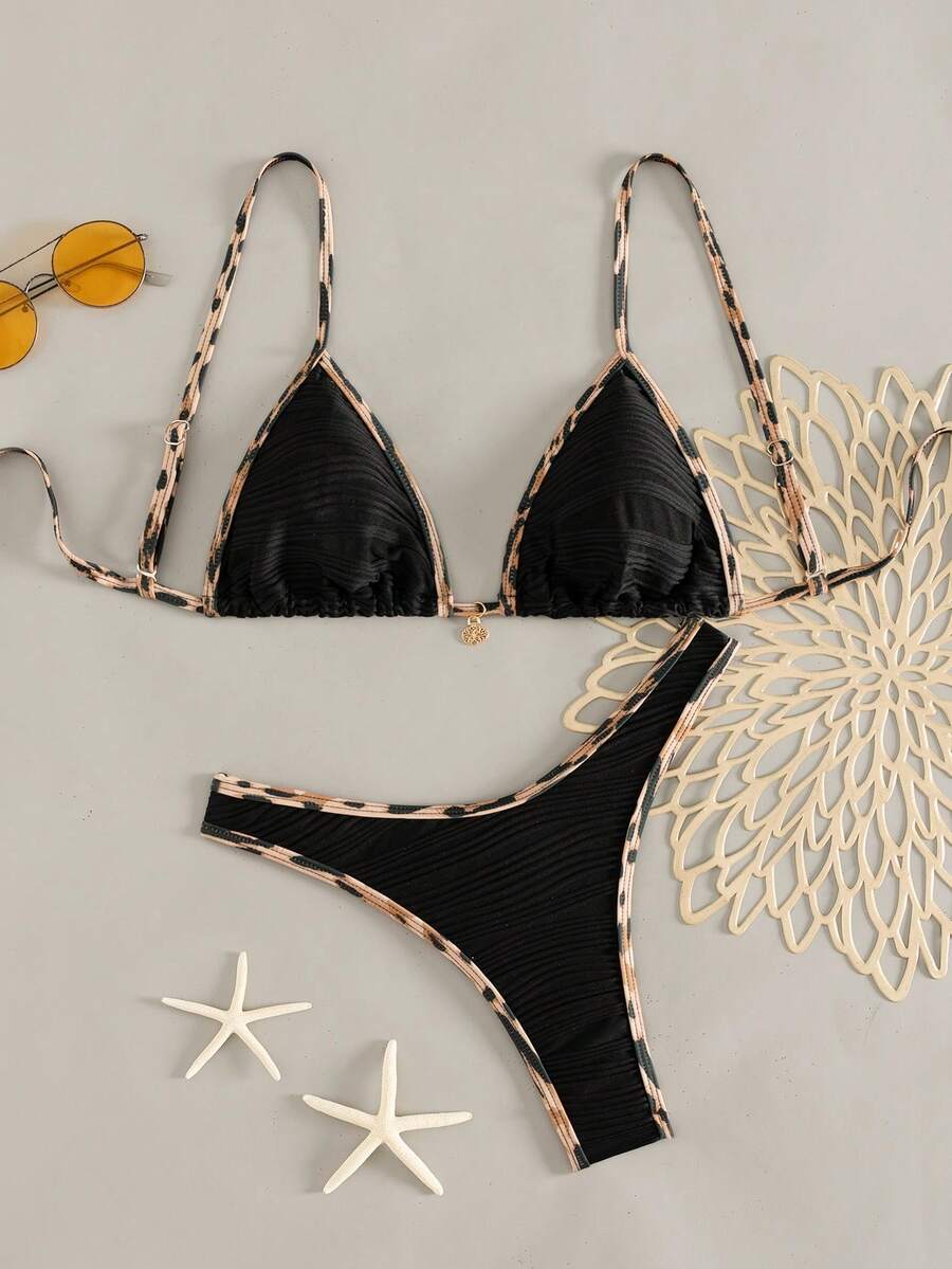 Women's 2-Piece Boho Halter Bikini Set - Gold Accessory, High-Cut, Floral Print, Multicolor