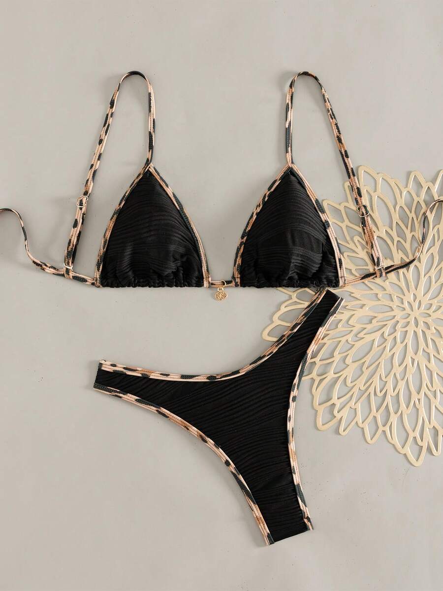 Women's 2-Piece Boho Halter Bikini Set - Gold Accessory, High-Cut, Floral Print, Multicolor