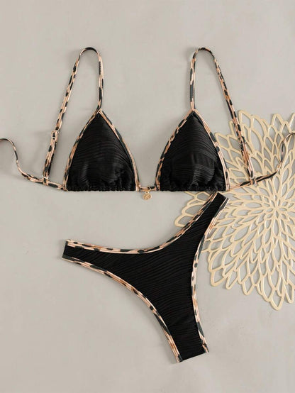 Women's 2-Piece Boho Halter Bikini Set - Gold Accessory, High-Cut, Floral Print, Multicolor