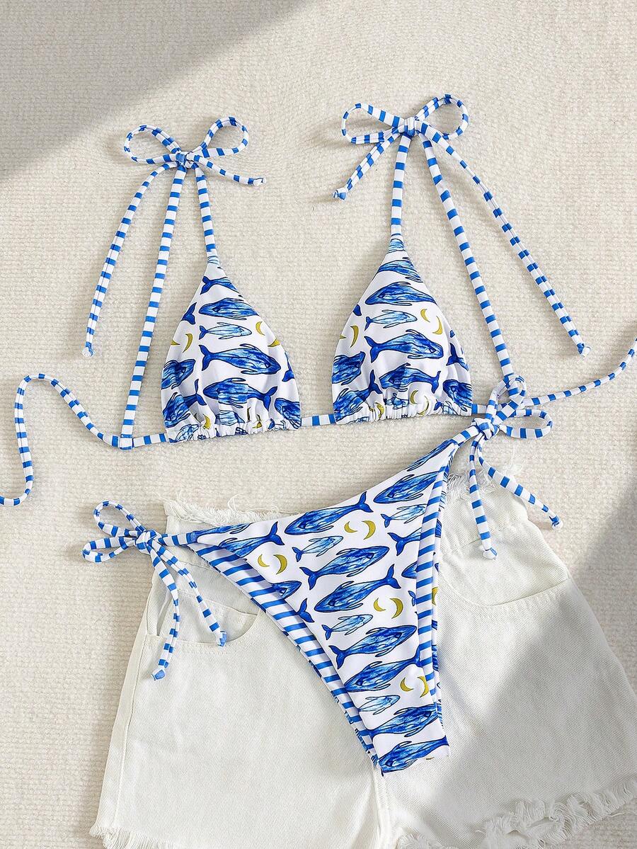 Womens Fashionable Sweet Shoulder Tie Side Bow Bikini Swimwear Removable Padded Two Piece Swimsuit Set