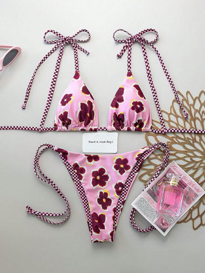 Womens Fashionable Sweet Shoulder Tie Side Bow Bikini Swimwear Removable Padded Two Piece Swimsuit Set